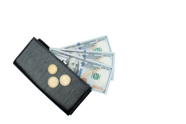 leather wallet with coins, dollar bill on white background. Top view.