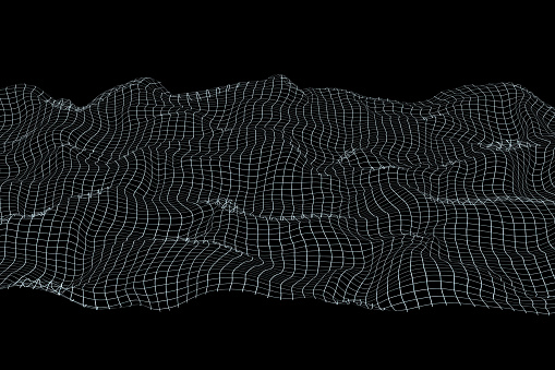 Digital 3D wireframe landscape, isolated on black background. Ideal for backdrops in tech presentations, virtual reality environments, and graphical abstracts. Grid, mesh. 3D render