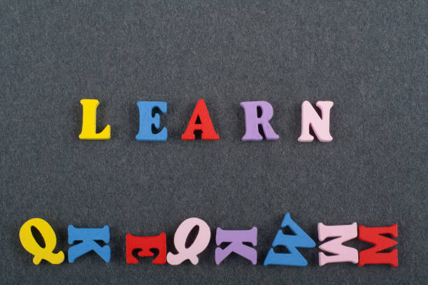 word on black board background composed from colorful abc alphabet block wooden letters, copy space for ad text. Learning english concept