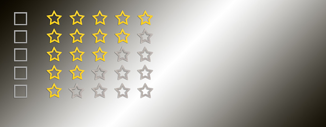 Gold, gray, Check boxes, five stars shape on a gradient background. Rating stars with tick. Feedback evaluation. Rank quality. Feedback from 0 before 5 for apps and websites