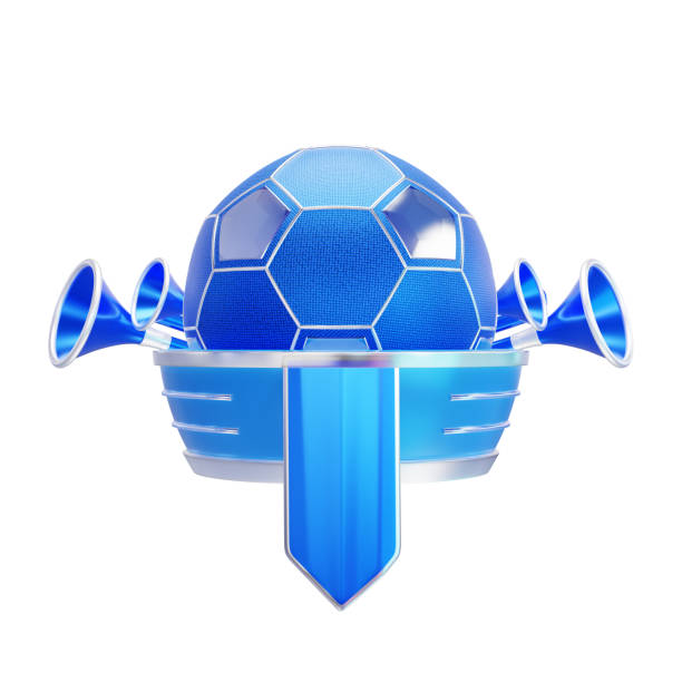 3d rendering illustration of blue color soccer ball and trumpet