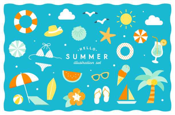 illustrazioni stock, clip art, cartoni animati e icone di tendenza di semplice simpatico set di illustrazioni di articoli estivi. - illustrazione immagine