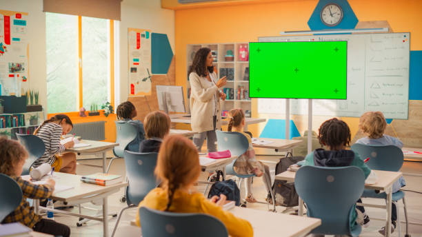 istock Caring Primary School Teacher Using a TV with Green Screen Display, Explaining an Exercise to a Classroom Full of Bright Diverse Children. Little Girl Raising Her Hand and Asking Tutor a Question 2150684166