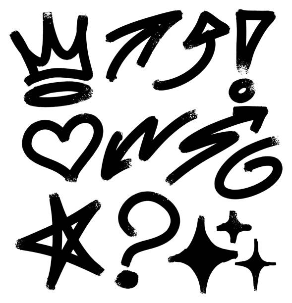 illustrazioni stock, clip art, cartoni animati e icone di tendenza di set di simboli graffiti neri disegnati a mano funky - arte di strada immagine