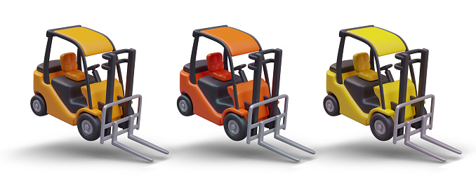 Set of realistic forklifts of different colors. Lift track is in inclined position. Overloaded forklift, template for supplementing with large load. Warehouse sale mockup. Detailed image