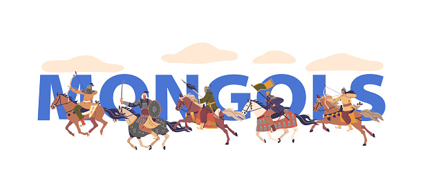 Mongol Warrior Characters On Horseback, Dynamically Illustrated In Mid-gallop With Bows, Spears, And Flags. The Bold Letters Mongols on A Backdrop with Clouds. Vector Concept Poster, Banner Or Flyer
