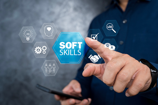 Soft skills concept. Person touching Soft skills icon for interpersonal skills interacting with colleagues. creativity, collaboration, adaptability, decision making and analytical thinking.
