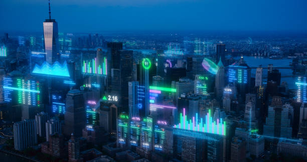 istock Aerial View of New York City Architecture with Augmented Reality Visualization with Statistics and Analytics Data, Digital Holograms Over Buildings and Skyscrapers with Business and Social Info 2150688378