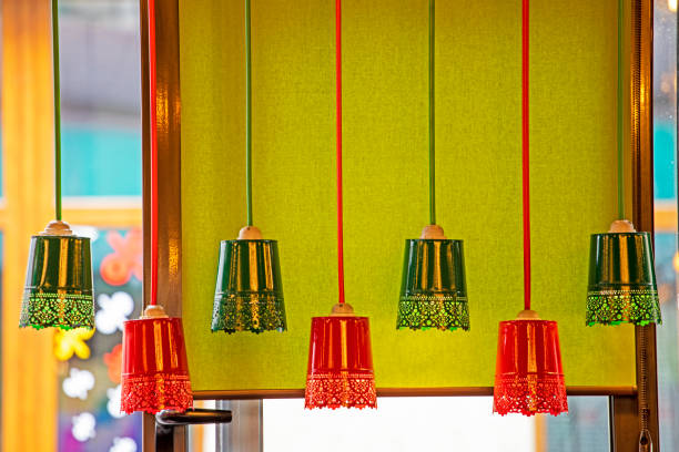decorative lamps in red and green colors in a modern interior