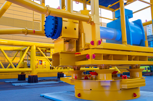 Yellow gas pipes. Gas transportation hub. Stationary compressor station. Gasification of the production. Centralized gas supply of the city. Compressor station at the factory
