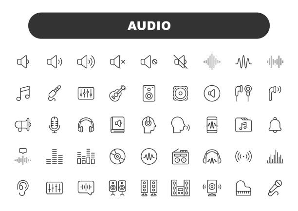 ilustraciones, imágenes clip art, dibujos animados e iconos de stock de audio line icons. editable stroke. contains such icons as sound, volume, music, sound wave, stereo, mixer, speaker, earphones, radio, microphone, headphones, speaking. - auriculares equipo de música