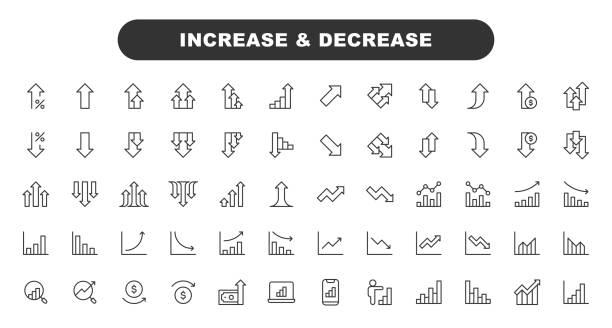 ilustraciones, imágenes clip art, dibujos animados e iconos de stock de increase and decrease line icons. editable stroke, contains such icons as arrow, chart, diagram, finance, direction, graph, growth, interest rate, investment, performance, stock market, data. - reducción