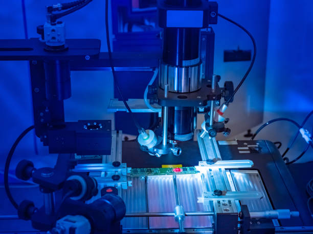istock PCB. Production of microprocessors. Creation of components for computers. Equipment for testing microboards. High-tech production. Technical Lab. Expertise. Microprocessor manufacturing process 2150691210