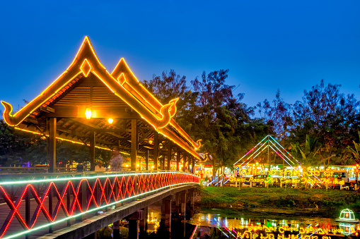 Illuminated bridge to the Siem Reap Art Center Night Market, Siem Reap, Cambodia