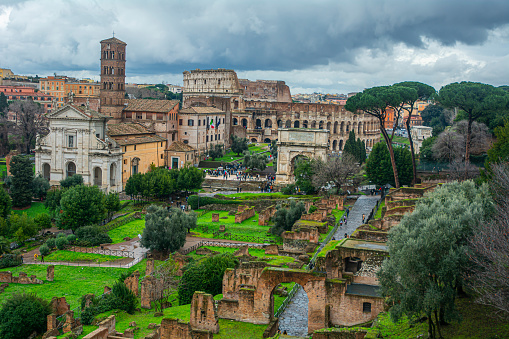 11 February 2024, Rome, Italy, Forum Romanum, Fori romani, ancient site of antique city of Rome,  near Palatino hill