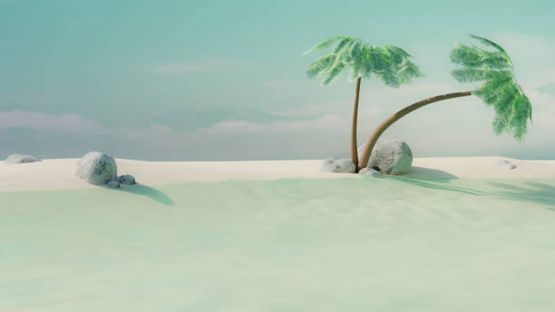 istock Empty summer tropical beach with coconut palms and stones. Summer travel concept. 3d render. Front view 2150692252
