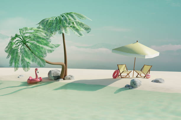 istock Empty summer tropical beach with coconut palms, beach chairs, umbrella and sun accessories. Summer travel concept. 3d render. Front view 2150692256