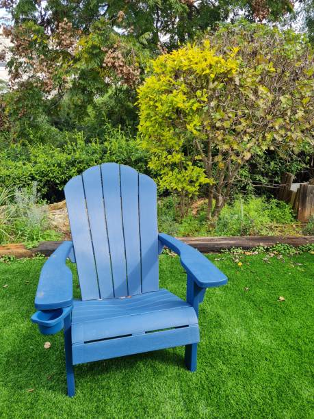 istock a blue plastic arm-chair in a green garden 2150694136