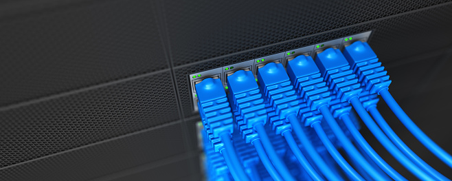 Data Center and Internet cables plugged in network server. Internet security network and safe data concept. Database storage. Cloud computing technology. 3d render
