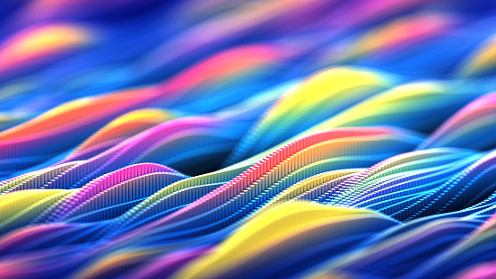 Futuristic colorful wavy motion background, rippled curved flowing pattern, with square shape particulars. 3d illustration.