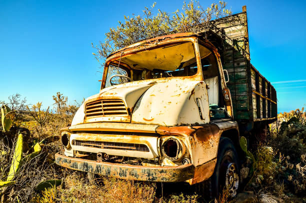 An old, rusted truck is parked in a field. The truck is covered in dirt and has a lot of rust on it. The scene is desolate and abandoned, with no signs of life or activity