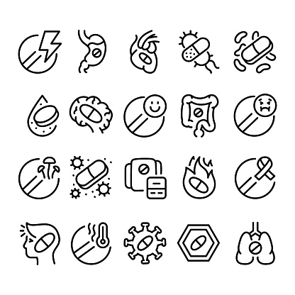 Drug categories line black icons set. Signs for web page, mobile app, button, logo. Vector isolated buttons. Editable stroke.