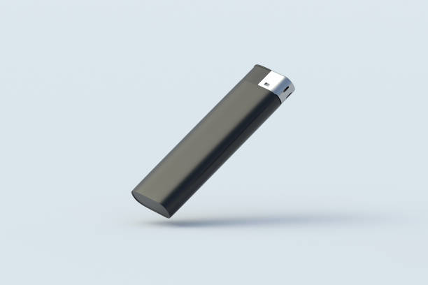 istock Falling lighter for cigarette on gray background. Smoker accessories. Disposable flammable equipment. 3d render 2150696622