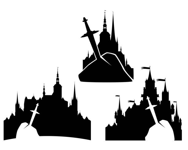 istock excalibur sword in stone rock against castle black and white vector silhouette 2150696923