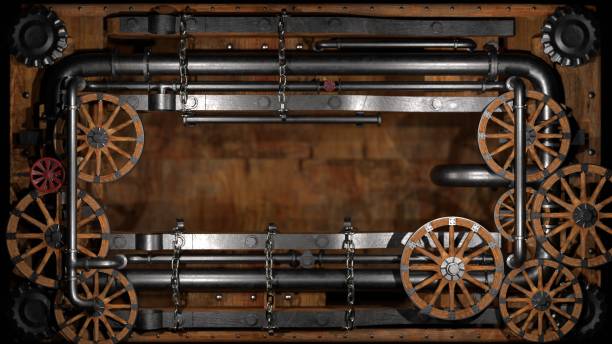 An intricate steampunk frame, adorned with gears, wheels, clockwork, and rivets, set against a rustic wooden backdrop, blending fantasy with industrial aesthetics