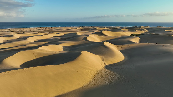 Top view of Maspalomas sand dunes. Aerial view of Gran Canaria Island. Ocean meets sand dunes. Canary islands, Spain