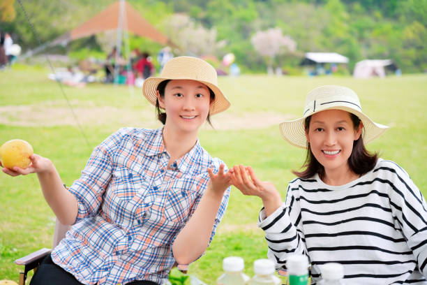 Two Asian women having a picnic in the park