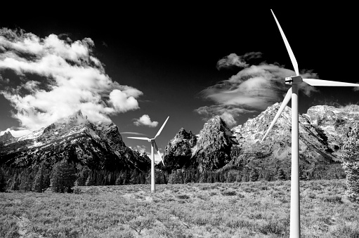 Clean, Renewable Energy Wind Turbines in front of the Grand Teton Range