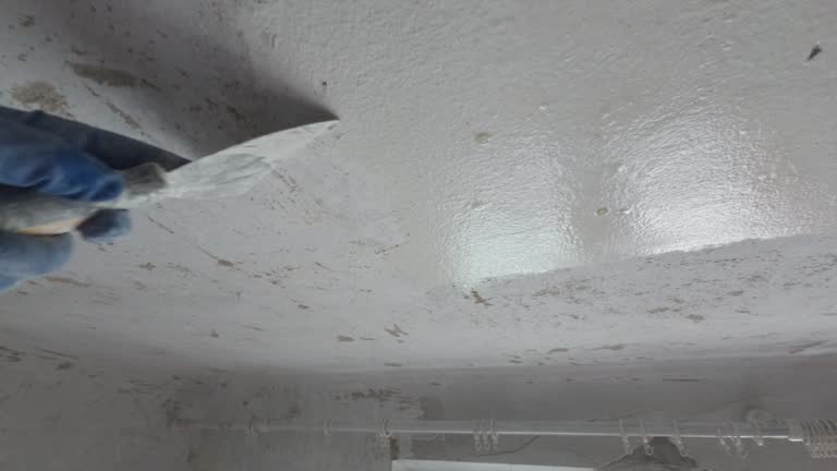 Scrape off old paint from ceiling using putty knife.