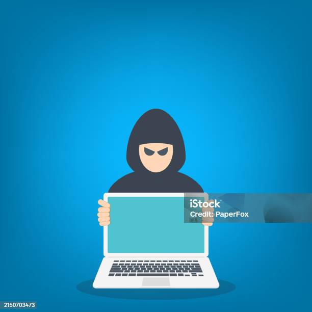 Hacker With Laptop Computer Stealing Confidential Data Stock ...