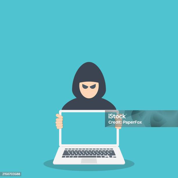 Hacker With Laptop Computer Stealing Confidential Data Stock ...
