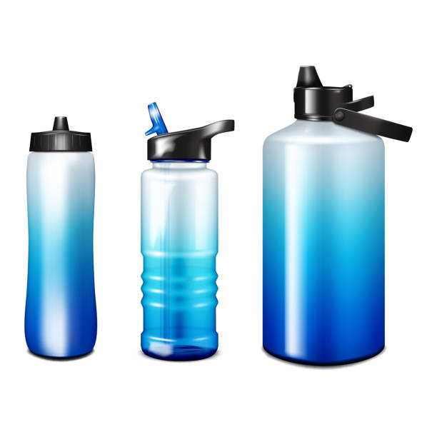 istock Water bottle isolated on white background. Vector mock-up blue color set. Reusable travel sport flask. Realistic mockup 2150705872