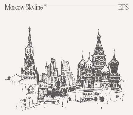 A detailed black and white drawing of the Moscow skyline showcasing iconic buildings, skyscrapers, and urban design with intricate details on each facade, steeple, and spire