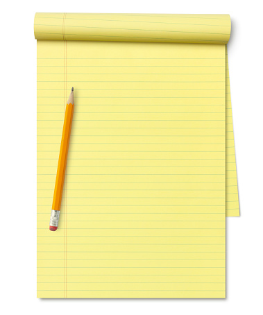 Rolled up yellow lined note pad with pencil isolated on white background