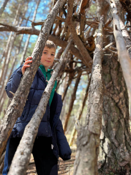 istock child building a hut in the forest with tree branches. 2150708276