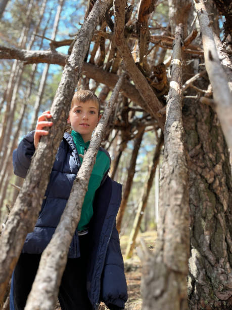 istock child building a hut in the forest with tree branches. 2150708283