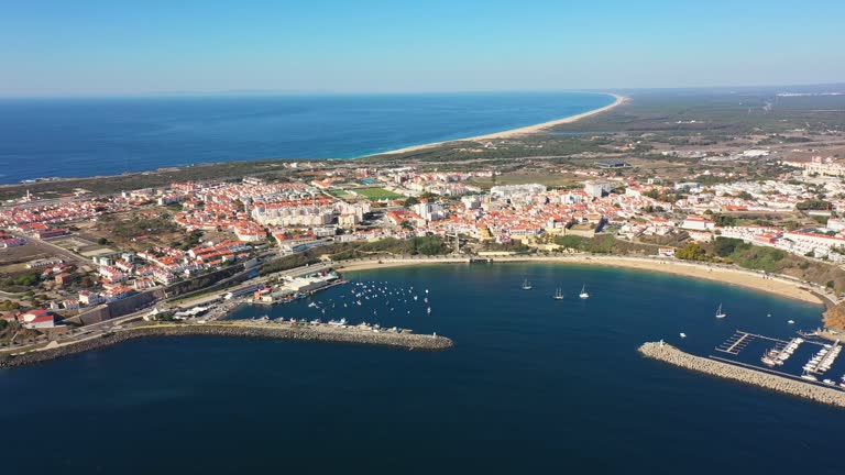 Aerial panorama of the city of Sines, Setubal Alentejo Portugal. Aerial view of old town fishing port.