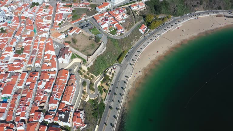 Aerial panorama of the city of Sines, Setubal Alentejo Portugal Europe. Aerial view of old town fishing port, historic center and castle.