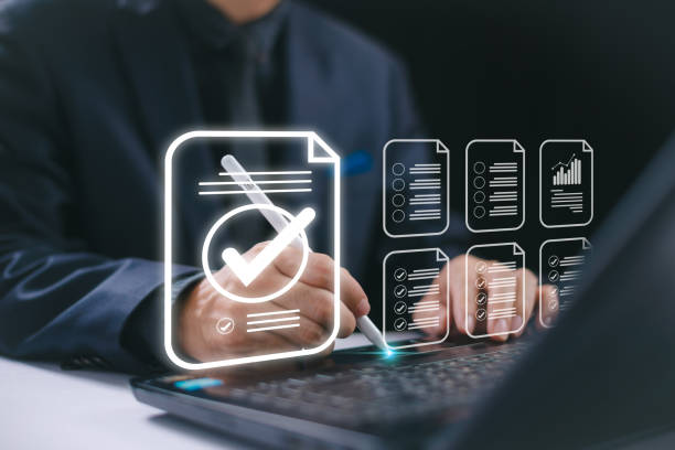 istock Document audit inspection, business asset analysis concept. Man inspects data, file check checklist online survey. Efficient document form project management. Review online approval, digital research 2150709859