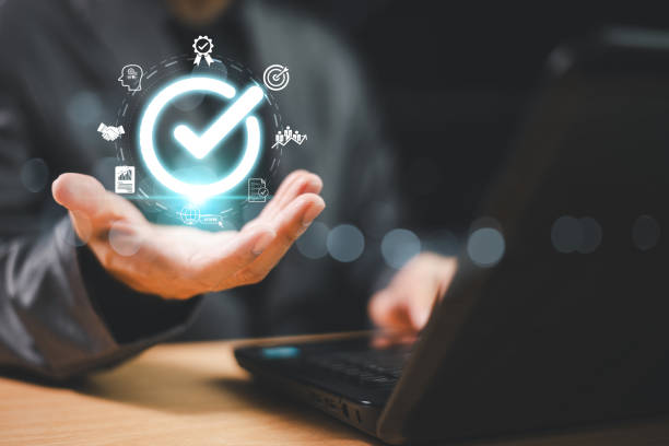 istock Guarantee best service tech, quality control assurance concept, Standard, ISO certificationÂ andÂ proposal system. Value satisfaction certificate check, experience corporate, quality product marketing 2150709866