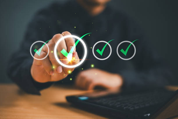 istock Document audit inspection, business asset analysis concept. Man inspects data, file check checklist online survey. Efficient document form project management. Review online approval, digital research 2150709867