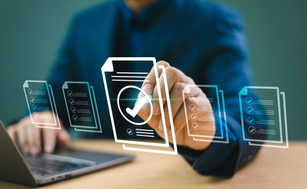 istock Document audit inspection, business asset analysis concept. Man inspects data, file check checklist online survey. Efficient document form project management. Review online approval, digital research 2150709872