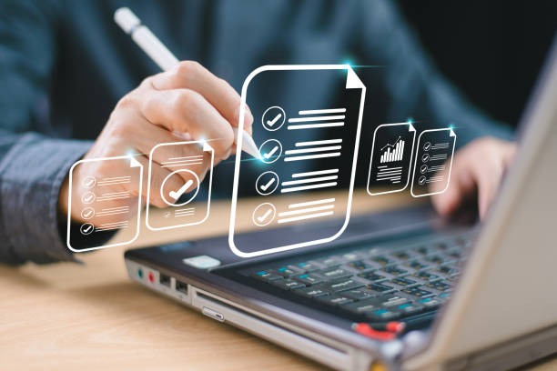 istock Document audit inspection, business asset analysis concept. Man inspects data, file check checklist online survey. Efficient document form project management. Review online approval, digital research 2150709884