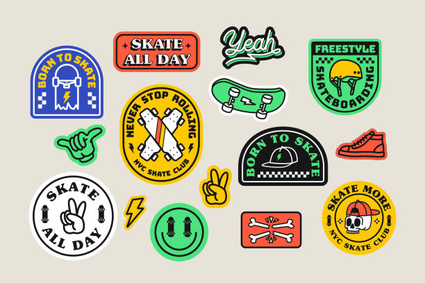Set of vector skateboard badges, including lightning, peace hand sign, hat, shoes, skull, hat, helmet and skateboard.