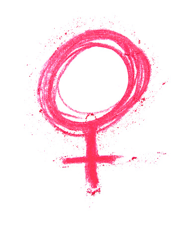 Symbol of the female gender - symbol of the copper element - symbol of the goddess Venus - symbol of the goddess Aphrodite - abstract hand drawn by pink dry pastel sign with original messy uneven imperfect details.
Vector illustration with unique art isolated on white paper background. 
Graphic template.