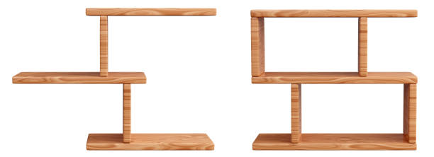 istock Empty wooden wall shelf with different mounting. 3D render illustration 2150713260